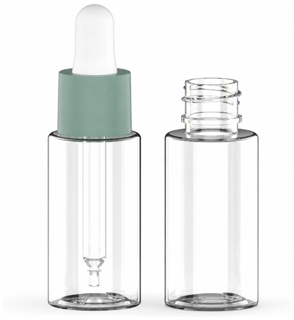 Dropper bottle with pipette, shown with bottle and closure separated